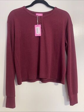 Edikted Waffle-Knit Henley Long Sleeve Top - Burgundy